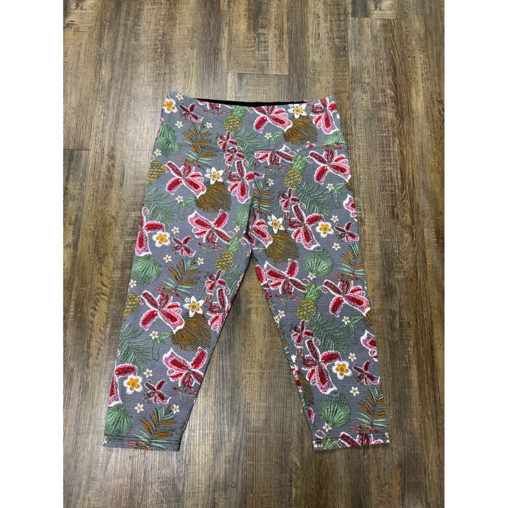 Tropical Pineapple Floral High Waist Crop Leggings Grey Pink Green Capri Active